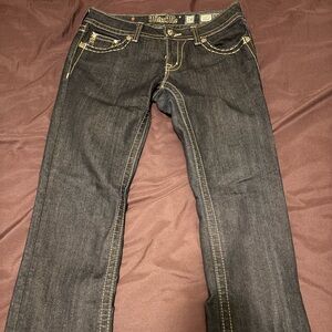 Miss Me Dark Indigo Jeans with Tan Contrast Stitching